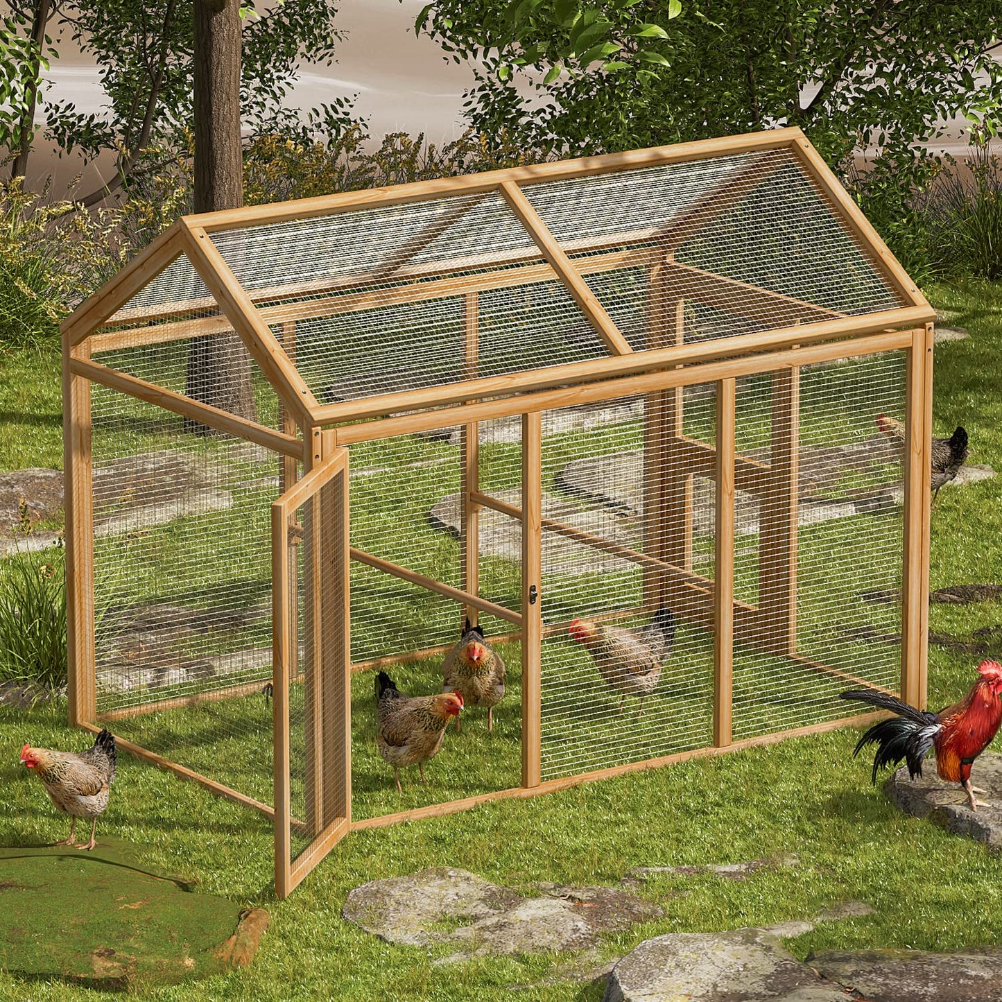 MoNiBloom Outdoor Chicken Coop Large Hen House Poultry Cage with Roosting Rods, Farmhouse Backyard Wood Rabbit Hutch Small Pets Playpens Spire Shaped Coops Triple Access/Feeding Doors 55 x 33.5 x 42.5