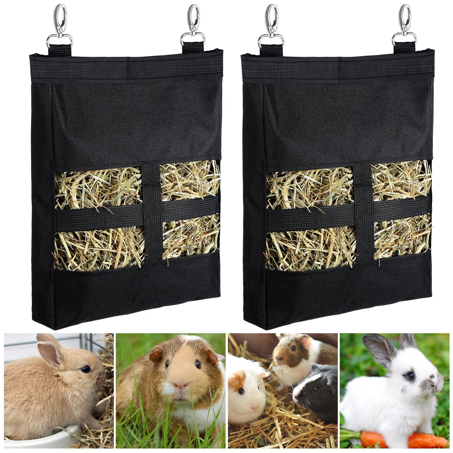 Frienda 2 Pcs Guinea Pig Hay Bag 11 x 9.1 Inch Guinea Pig Hanging Hay Feeding Bag Storage Dispenser for Chinchilla Hamster Bunny Small Animal Pet(Black)