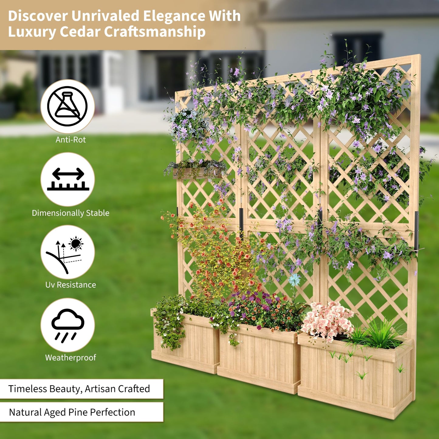 Cedar Privacy Screen with Planter Box - 62"x 10"x 65" Freestanding Outdoor Fence Panel, 3 Hinged Garden Screen with Drainage Holes, Raised Bed Kit for Patio, Backyard, Deck Natural Wood Trellis