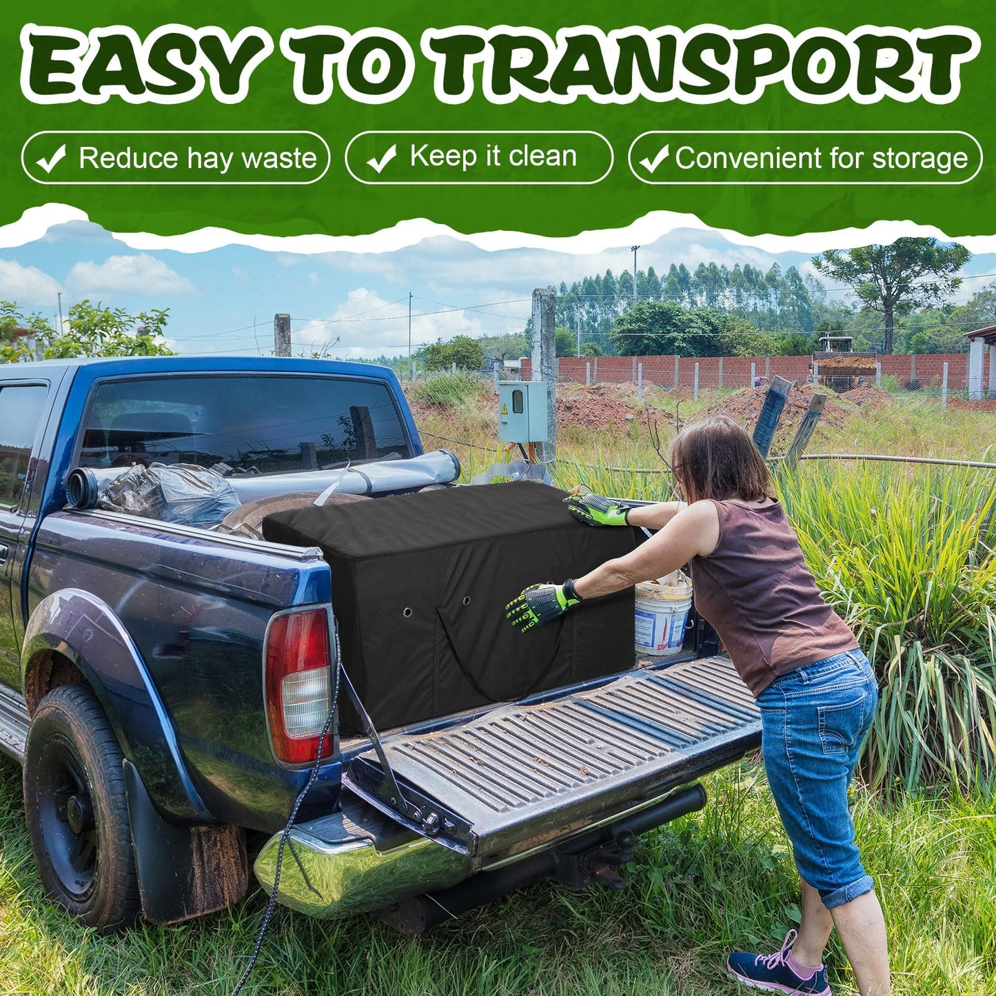 Aliceset Hay Bale Bag 44x18x22 Inch Extra Large Hay Bale Storage Bag Top Slow Feeder Belt Design, 1680D Oxford Cloth, Heavy Duty Tote Container for Horses, Goats, Sheep, Donkeys, Barn and Stable