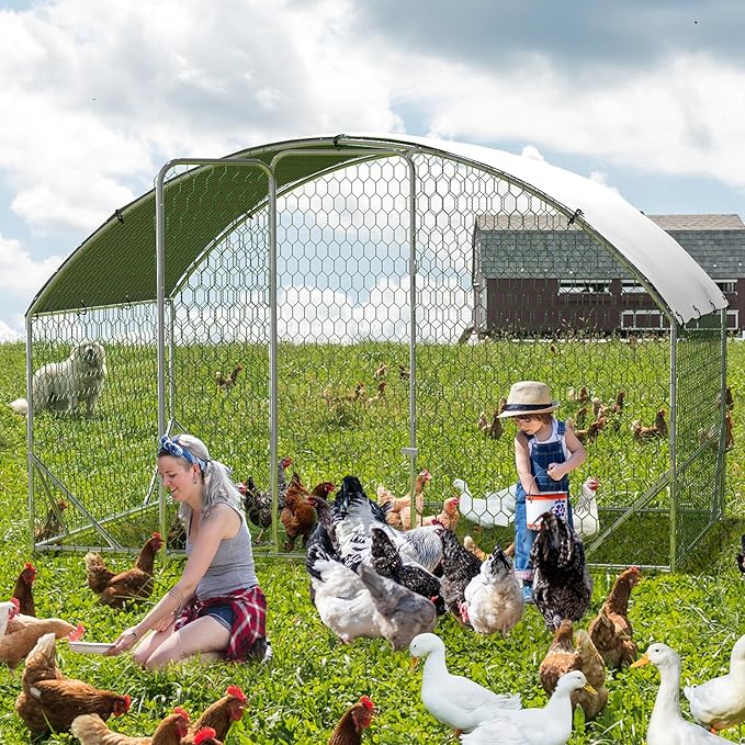Large Metal Chicken Coop, Dome Shape with Tri-Supporting, Chicken Coop Run with Waterproof and Anti-UV Cover (6.6'L x 9.8'W x 6.6'H)