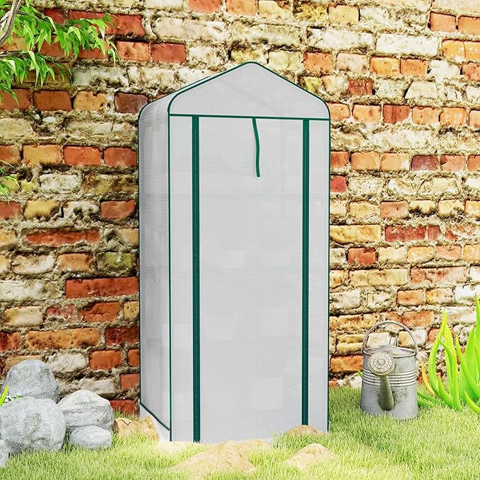 Outsunny 4 Tier Mini Greenhouse with Screen Roof, 27.6" x 19.7" x 62.2", Portable Small Greenhouse with High Strength PE Cover, Roll-Up Zipper Door for Garden Yard Backyard, White