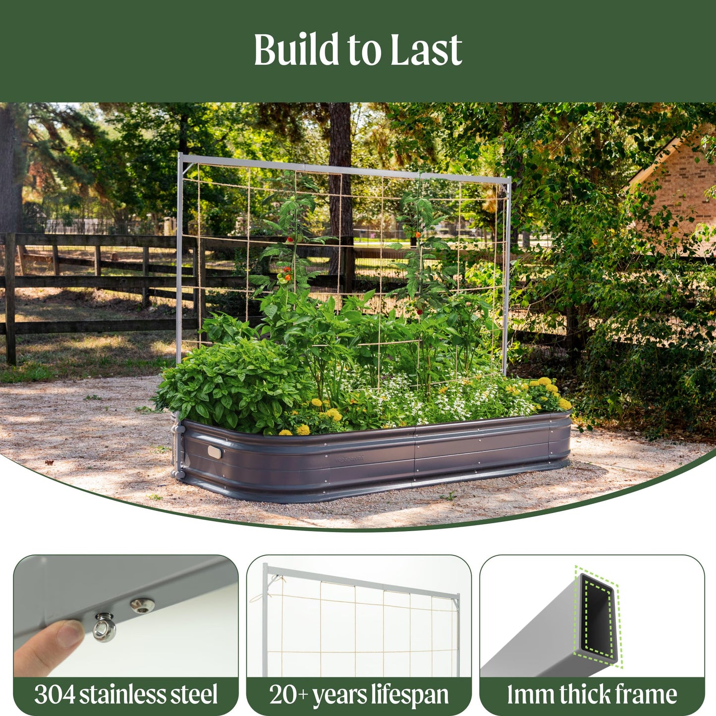 Vego Garden 17" Tall 10 in 1 2.5ft x 9.5ft Raised Garden Bed & 9.5ft Wide Metal Trellis