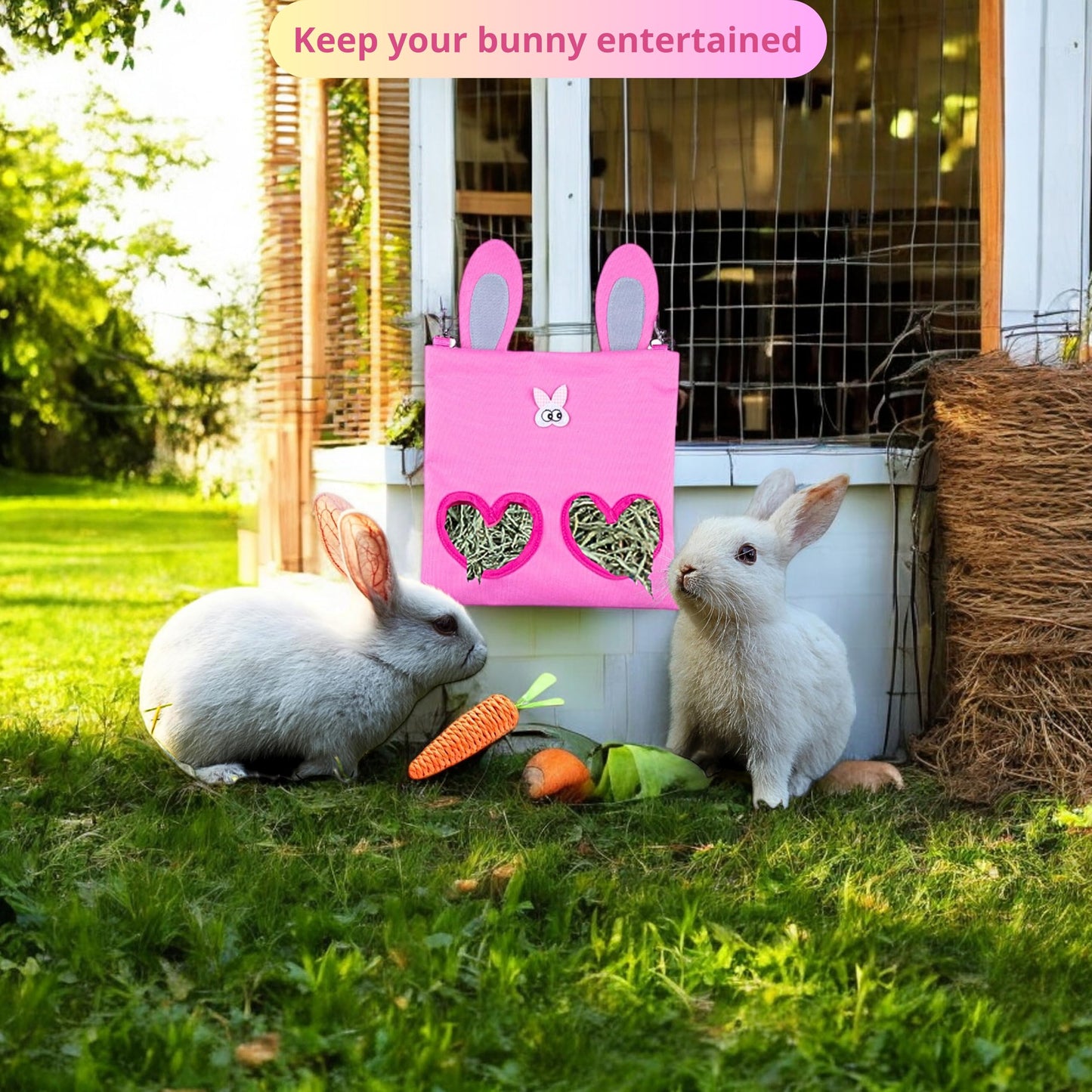 Hanging Rabbit Hay Feeder Bag with Chew Toys Set, Guinea Pig Hay Feeder, Bunny Feeders Holder Storage for Small Pets Bunnies Chinchilla Guinea Pigs Hamster Rats (Pink)
