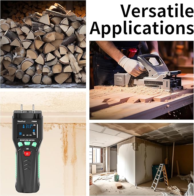 Wood Moisture Meter, Firewood Moisture Tester, Drywall Moisture Detector, Pin Type Water Leak Detector with Visual Alerts for Lumber Logs Concrete Floors Ceiling Building Material Hardwood