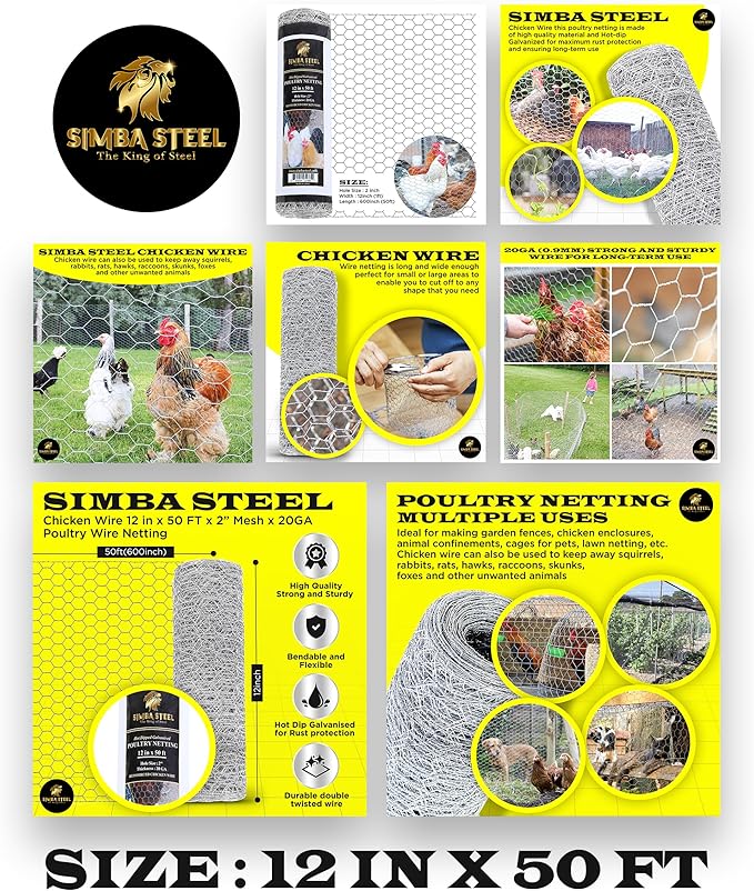 Chicken Wire 12 in x 50 FT x 2” Mesh x 20GA | Poultry Wire Netting | Hot Dipped Galvanised | Hexagonal Galvanized Mesh for Chicken Coop, Rabbit Cage, Fence Barrier PM12x50x2