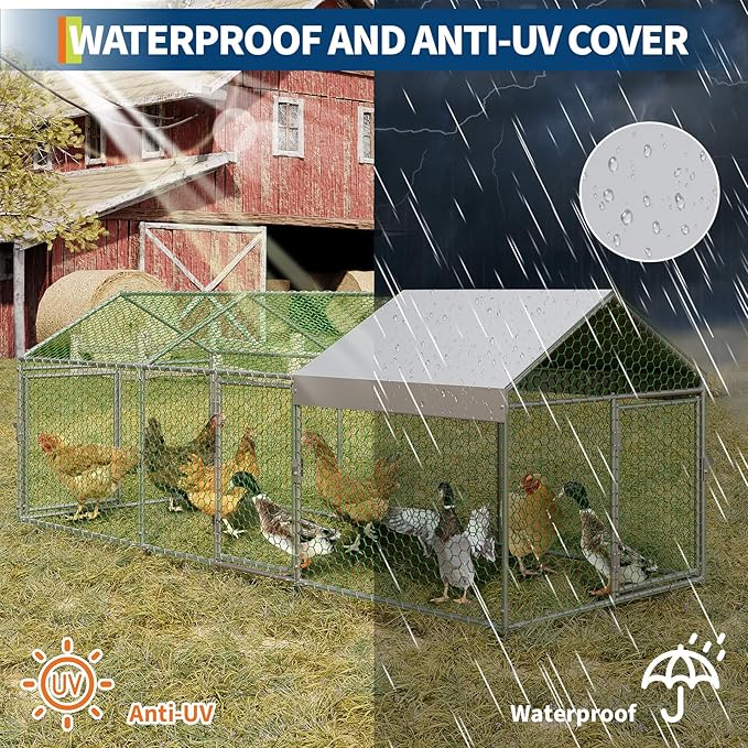Large Metal Chicken Coop 10' x 3.3" x 3.3" Chicken Runs with Waterproof and Anti-UV Cover,3 Doors,Outdoor Hen House for Yard, Walk in Poultry Cage for Rabbit Duck Goose