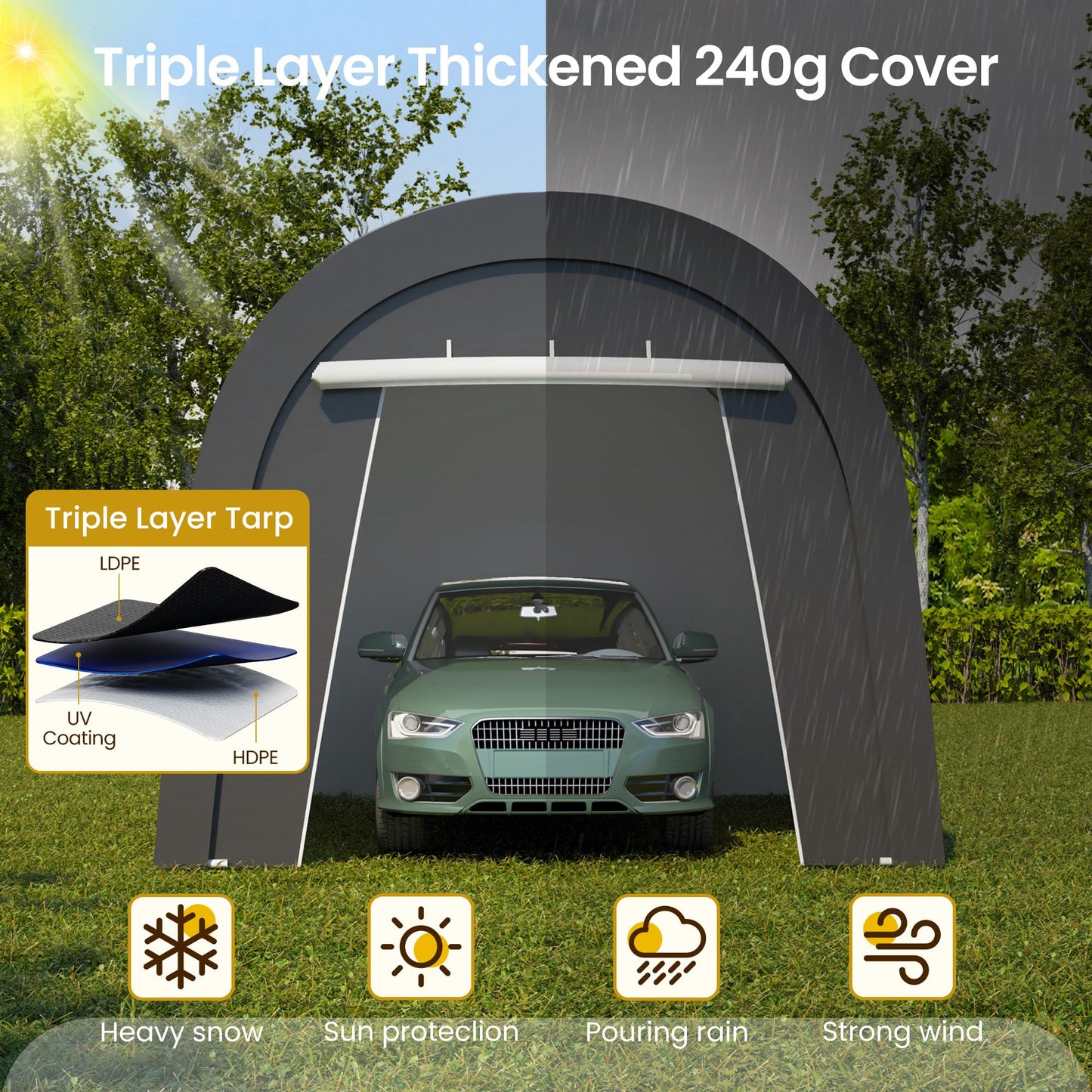 Wisteria Lane Domed Carport, Portable Garage with 2 Roll up Doors, Heavy Duty Car Canopy Party Tent, All-Season Storage Shelter Shed Carport for Motorcycle, Boat, Truck, or Garden Tools, 10' x 15'