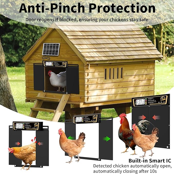 Large Automatic Chicken Coop Door Solar Powered, Charge with 7W Solar Panel Auto Chicken Door, Aluminum Electric Poultry Door with Time & Light Sensor, Remote Control