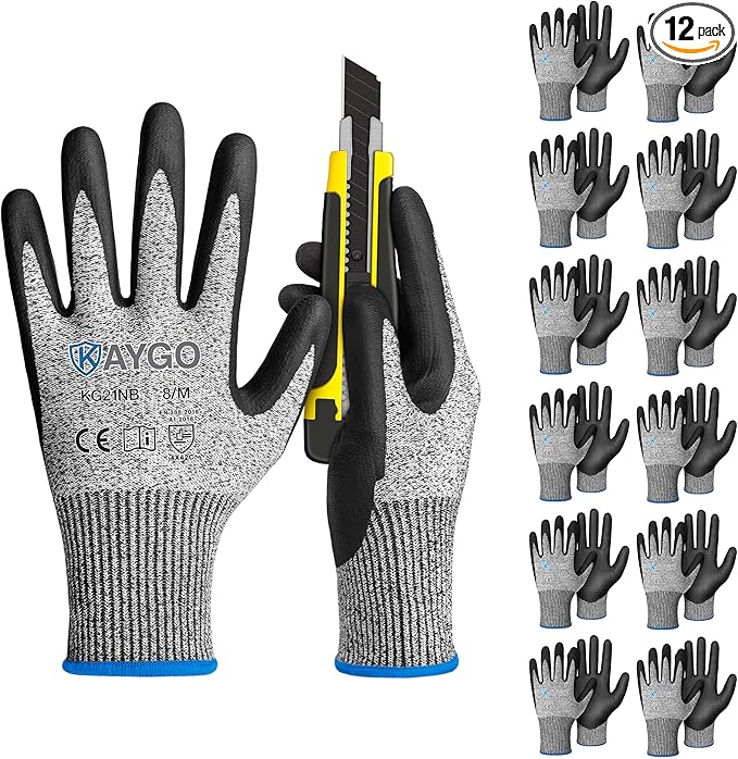 KAYGO 12 Pairs Cut Resistant Gloves for Men and Women, ANSI Cut Level A3 Nitrile Micro-Foam Safety Gloves KG21NB, Durable, Ideal for Wood Carving, Glass Handling, Construction, Fishing, M, Grey
