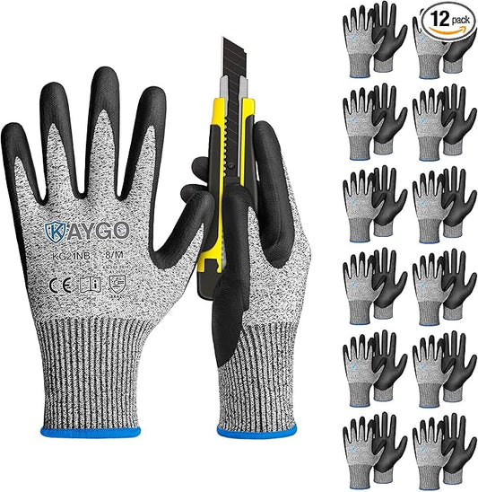 KAYGO 12 Pairs Cut Resistant Gloves for Men and Women, ANSI Cut Level A3 Nitrile Micro-Foam Safety Gloves KG21NB, Durable, Ideal for Wood Carving, Glass Handling, Construction, Fishing, M, Grey