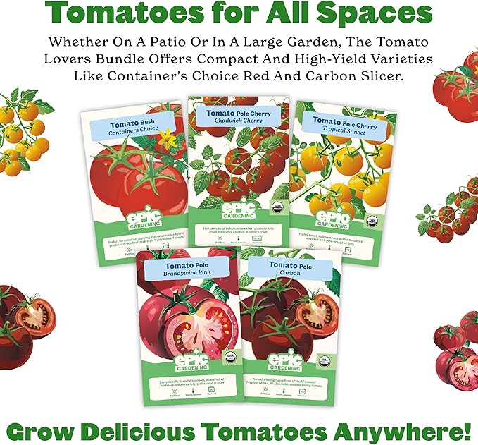 Epic Gardening Tomato Lovers Seed Bundle - 5 Juicy Varieties, Includes Brandywine, Chadwick Cherry & Tropical Sunset, Grow Non-GMO Tomatoes for Salads, Sauces & Fresh Snacking