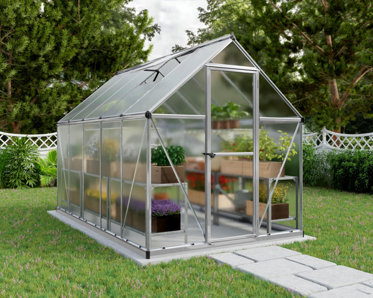 Palram - Canopia 6x10 Greenhouse Kit, Hobby Walk-In Twin-Wall UV Polycarbonate Heavy Duty Aluminum Frame, Lockable Door, Adjustable Roof Vent, Rain Gutters, Galvanized Steel Base, Mythos (Silver)