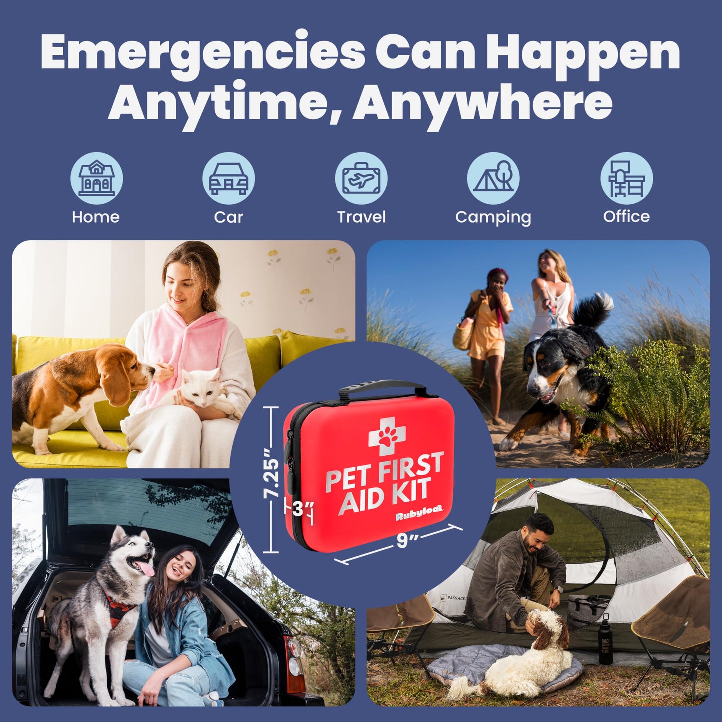 Dog First Aid Kit - Vet Approved Pet First Aid Supplies to Treat Dogs & Cats in an Emergency - Pet First Aid Kit Guide, Tick Remover, Slip Leash & Medical Essentials for Home, Camping, Car, RV, Travel