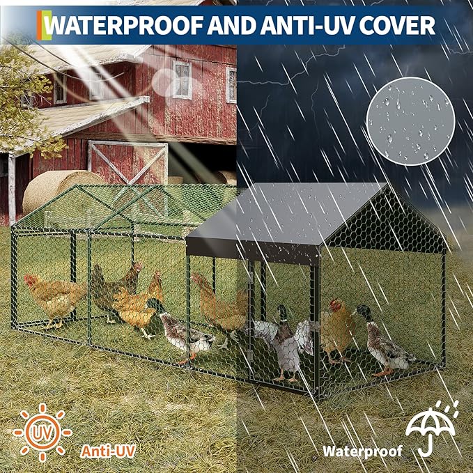 Large Metal Chicken Coop 10' x 3.3" x 3.3" Chicken Runs with Waterproof and Anti-UV Cover,3 Doors,Outdoor Hen House for Yard, Walk in Poultry Cage for Rabbit Duck Goose