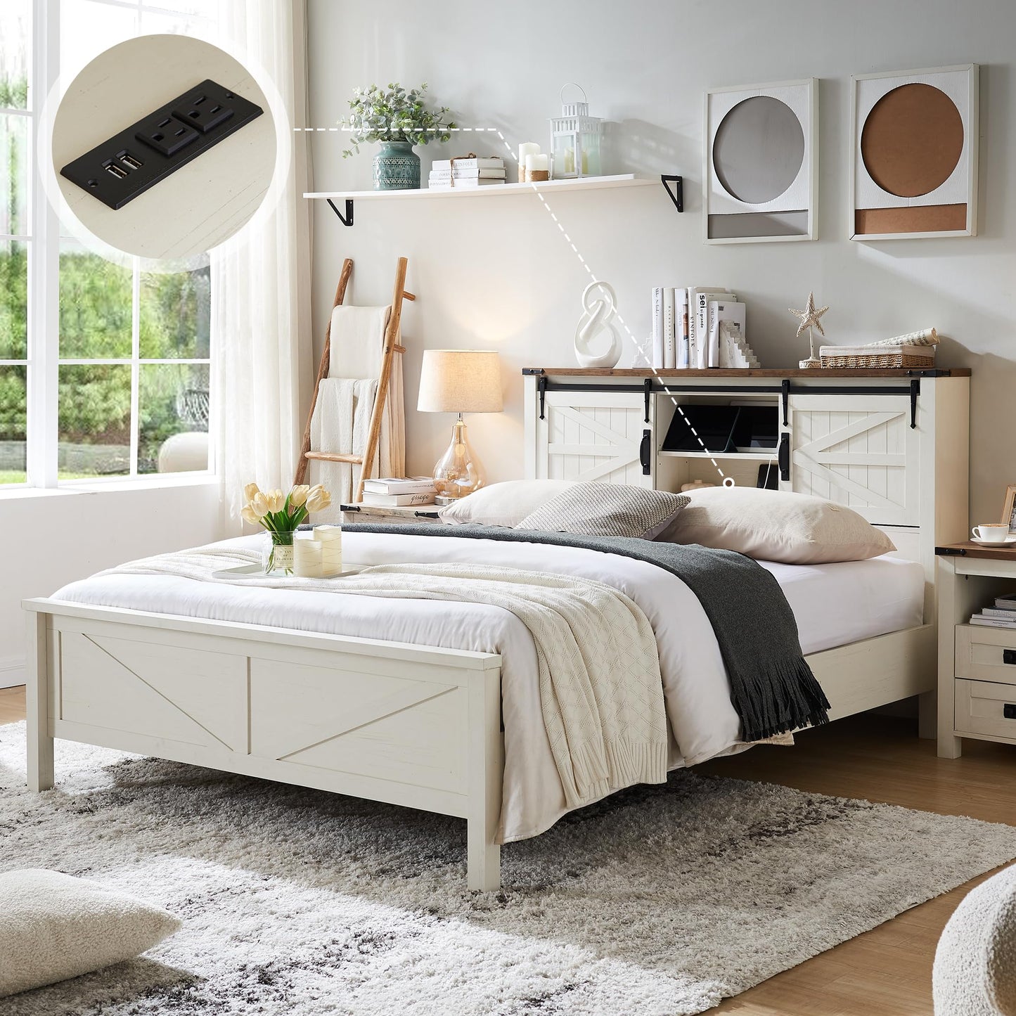 T4TREAM Farmhouse Full Size Bed Frame w/Storage Bookcase Headboard, Sliding Barn Door, Charging Station, Rustic Wood Platform Bed w/Wood Slats Support, No Box Spring Needed, Antique White