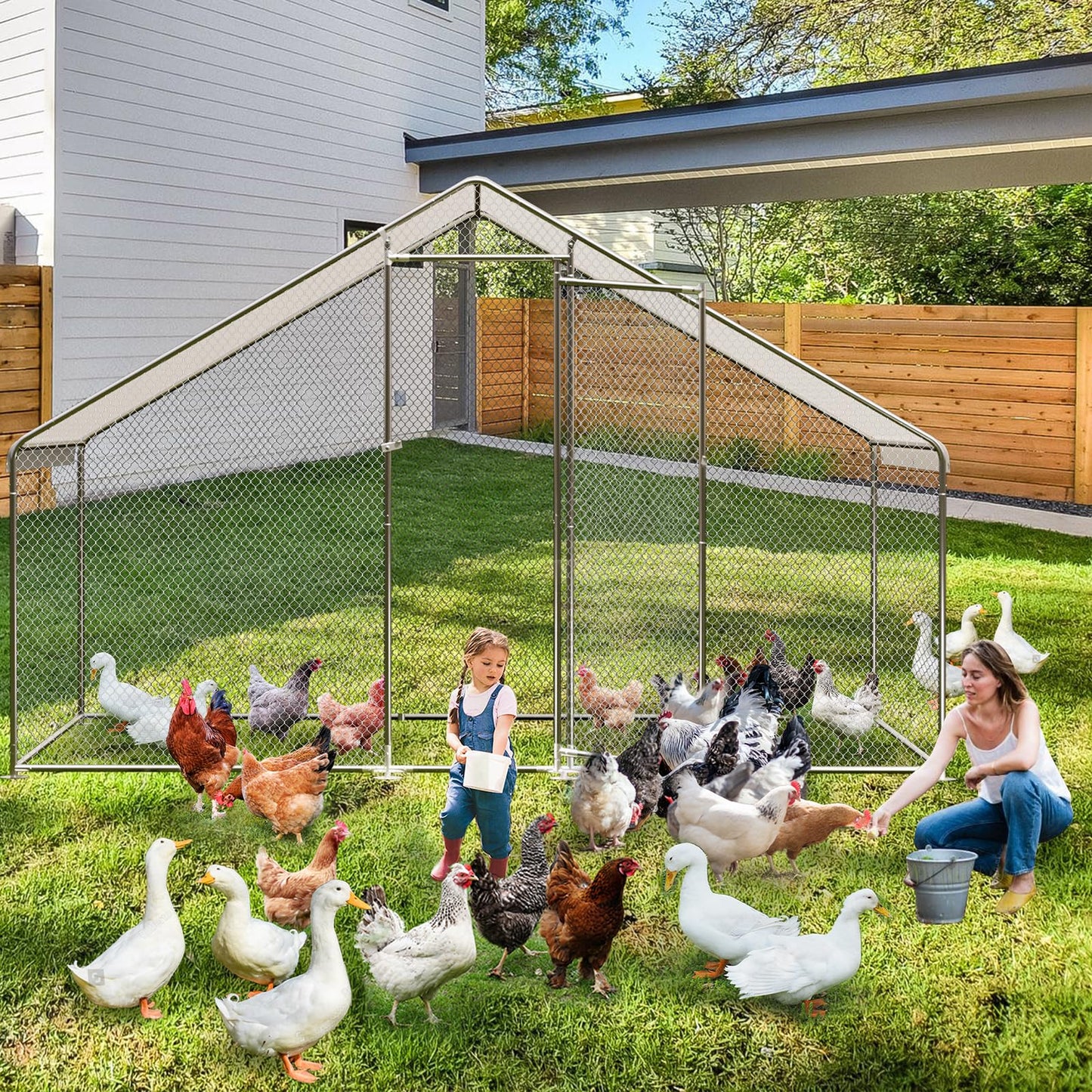 Large Metal Chicken Coop - Walk-in Poultry Cage with Waterproof & Anti-Ultraviolet Cover, Ideal for Ducks, Geese, and Rabbits, Outdoor Walk-in Chicken Run, 9.8X6.5X6.5FT.