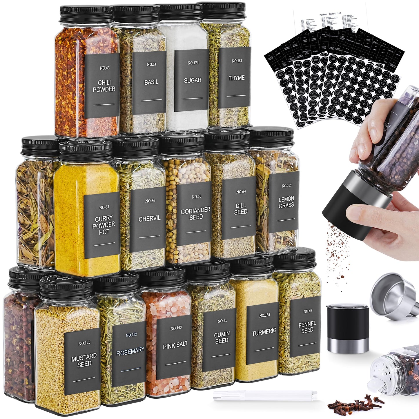 Miuyhji Spice Jars, 24 Pcs 4oz Seasoning Jars with Label, Glass Jars with Shaker Lids, Spice Containers Bottles with Pepper Grinder & Stainless Steel Funnel for Seasoning Organizer, Cabinet, Drawer