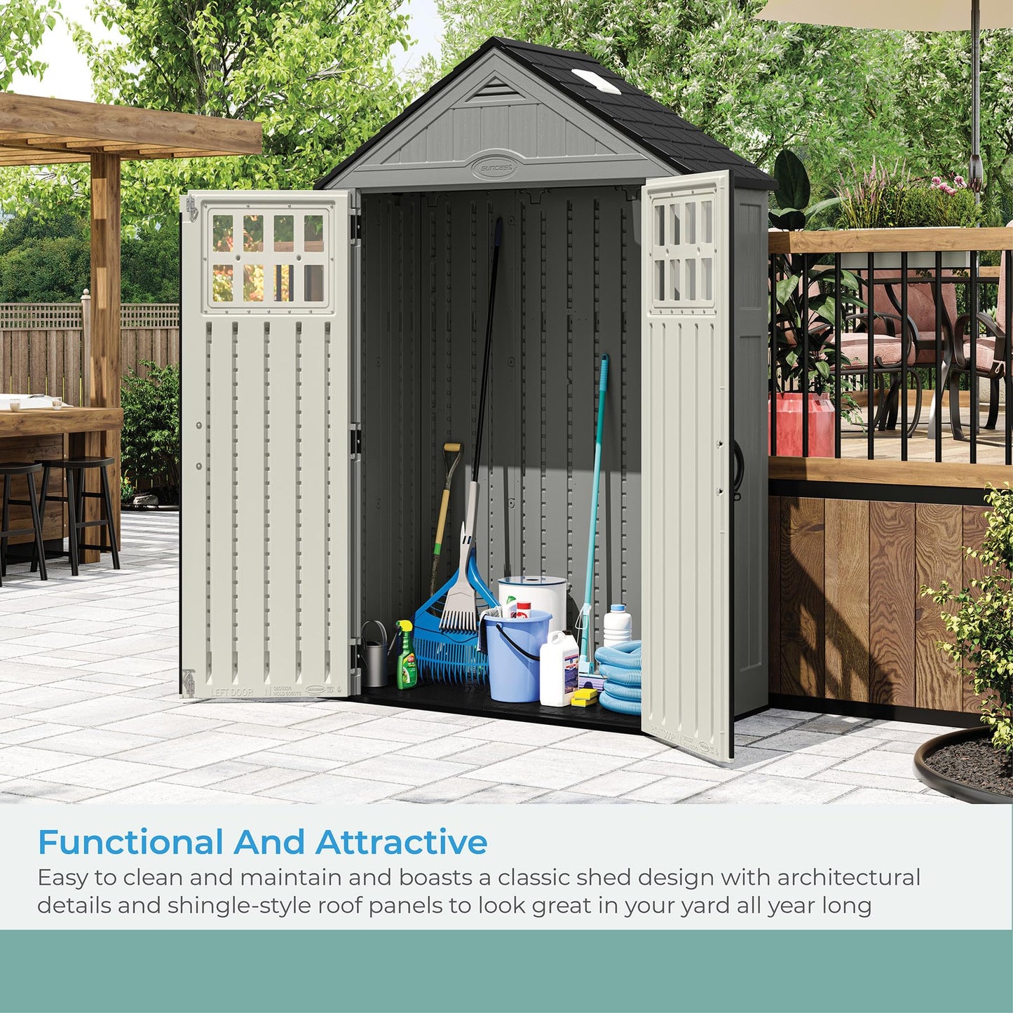 Suncast BMS6312D Everett 6' x 3' Heavy-Duty Resin Outdoor Pad-Lockable Double Doors and Windows All-Weather Shed for Yard Storage, Dove Gray