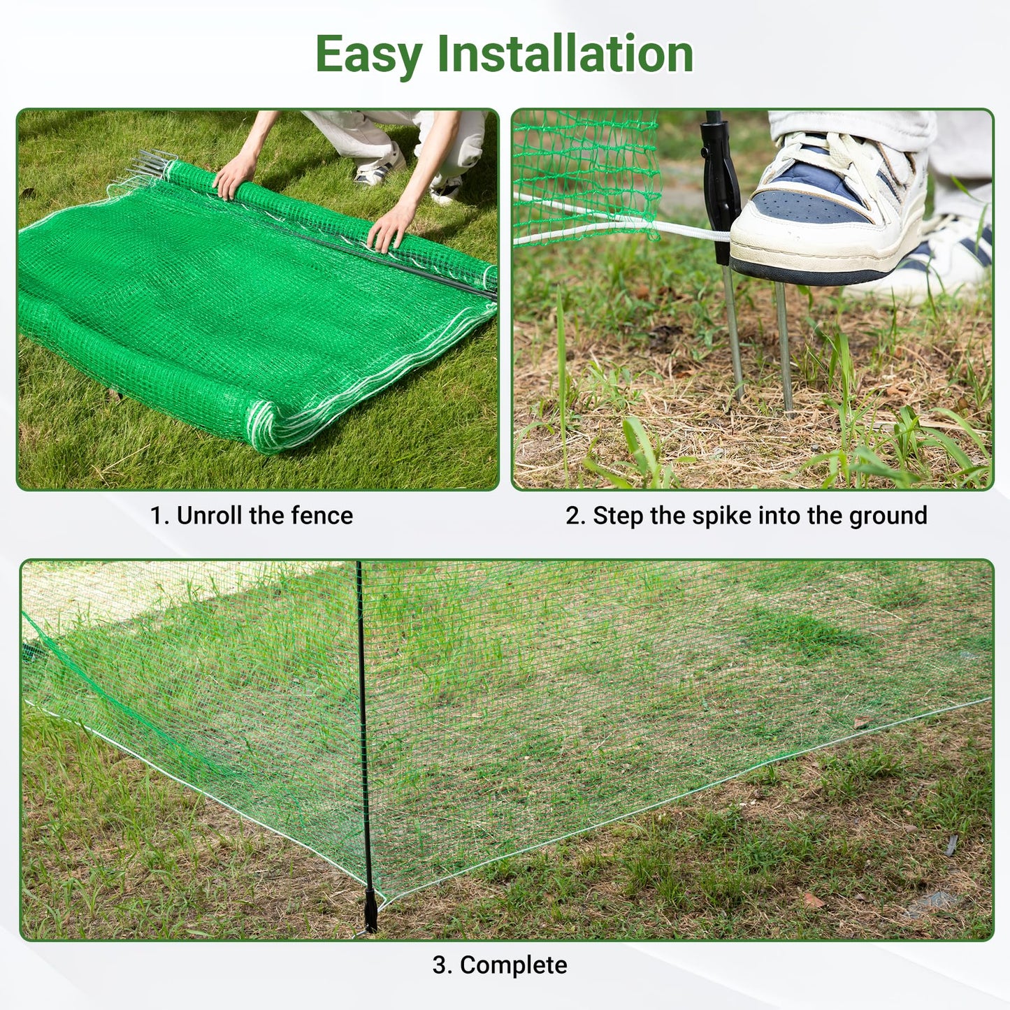 Toriexon Non Electric Fence Netting 48"x65', Boundary Fence with Double Spiked Posts&Windproof Kit, Portable Poultry Fence for Dogs, Chickens, Ducks, Turkeys Suitable in Backyard, Garden, Farm-Green