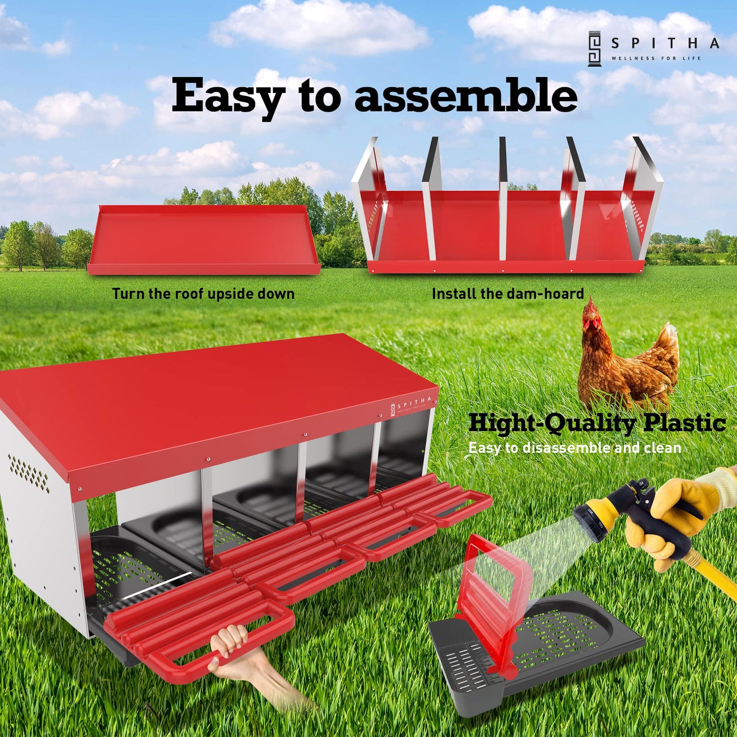 SPITHA Nesting Boxes for Chickens - 4 Hole Reverse Chicken Nesting Box Laying Eggs Coop Compartment Galvanized Stainless Steel and Plastic Nest Roll Out with Perch to 20 Hens with Lid to Protect Eggs.