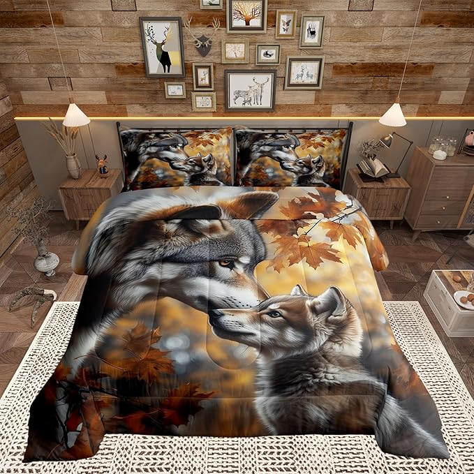 Wolves Toddler Bedding Set for Adults,Jungle Safari Animal Comforter Set Bed Set Men Bedroom Decor,3D Wolf Family 2 Pieces Quilt Set,Autumn Botanical Plants Quilt Set Insert,1 Pillow Case