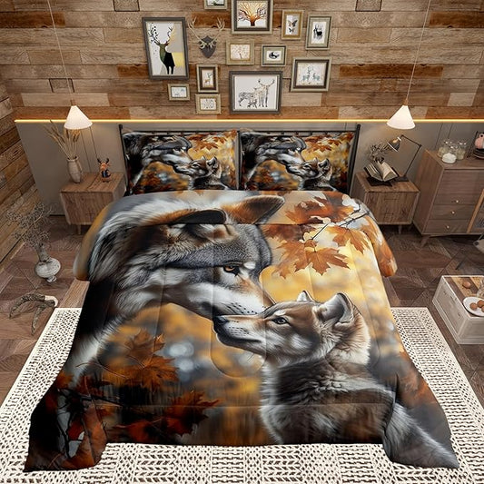 Wolves Toddler Bedding Set for Adults,Jungle Safari Animal Comforter Set Bed Set Men Bedroom Decor,3D Wolf Family 2 Pieces Quilt Set,Autumn Botanical Plants Quilt Set Insert,1 Pillow Case