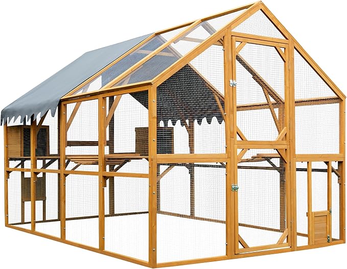 109.6'' Large Wood Chicken Coop Enclosures,Walk-in Poultry Cage, Chicken Run Pen Duck House with Walking Platforms & 2 Napping Houses,Waterproof and Anti-Ultraviolet Cover,Yellow
