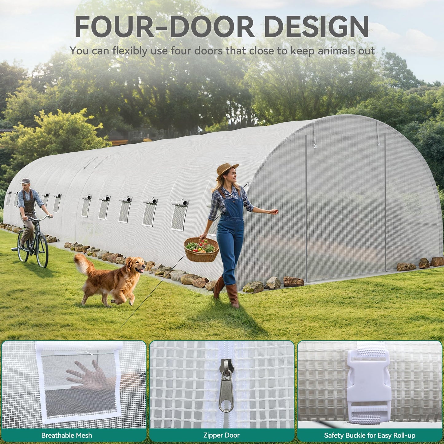 YITAHOME 44x10x7ft Greenhouse Extra Large Heavy Duty 4 Zipper Doors Outdoor Greenhouses 24 Windows Walk in Tunnel Green House Plant Gardening Upgraded Galvanized Steel Frame for Garden, White