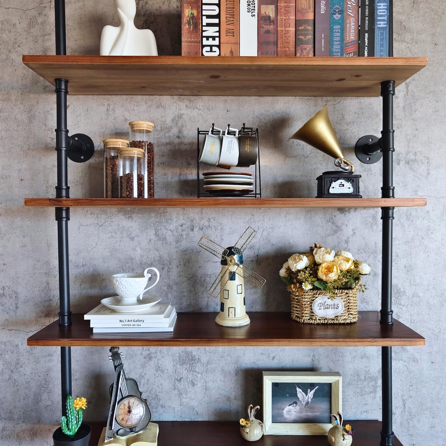 Anynice Industrial Ladder Pipe Shelf, Wall Mounted Wood Metal Bookshelf for Living Room Storage (Weathered Brown, 6 Tier - 10" D x 48" W x 82.5" H)