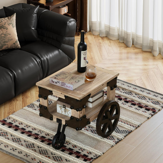 Vintiquewise Farmhouse Wagon-Style End Table with Storage Shelf & Rolling Wheels Vintage Wood Accent Table for Living Room Bedroom or Entryway Compact Decorative Multi-Functional & Stylish Display