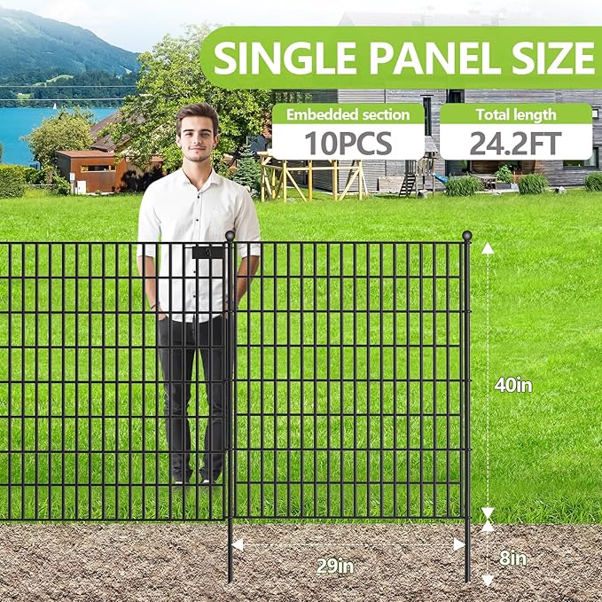 10 Panels No Dig Garden Fence with Gate, 40 in(H) X 24.2 ft(L) Metal Fence Panels, Thickened Rustproof Garden Fencing, Animal Barrier Fence for for Dogs, Rabbits, Landscape, Patio
