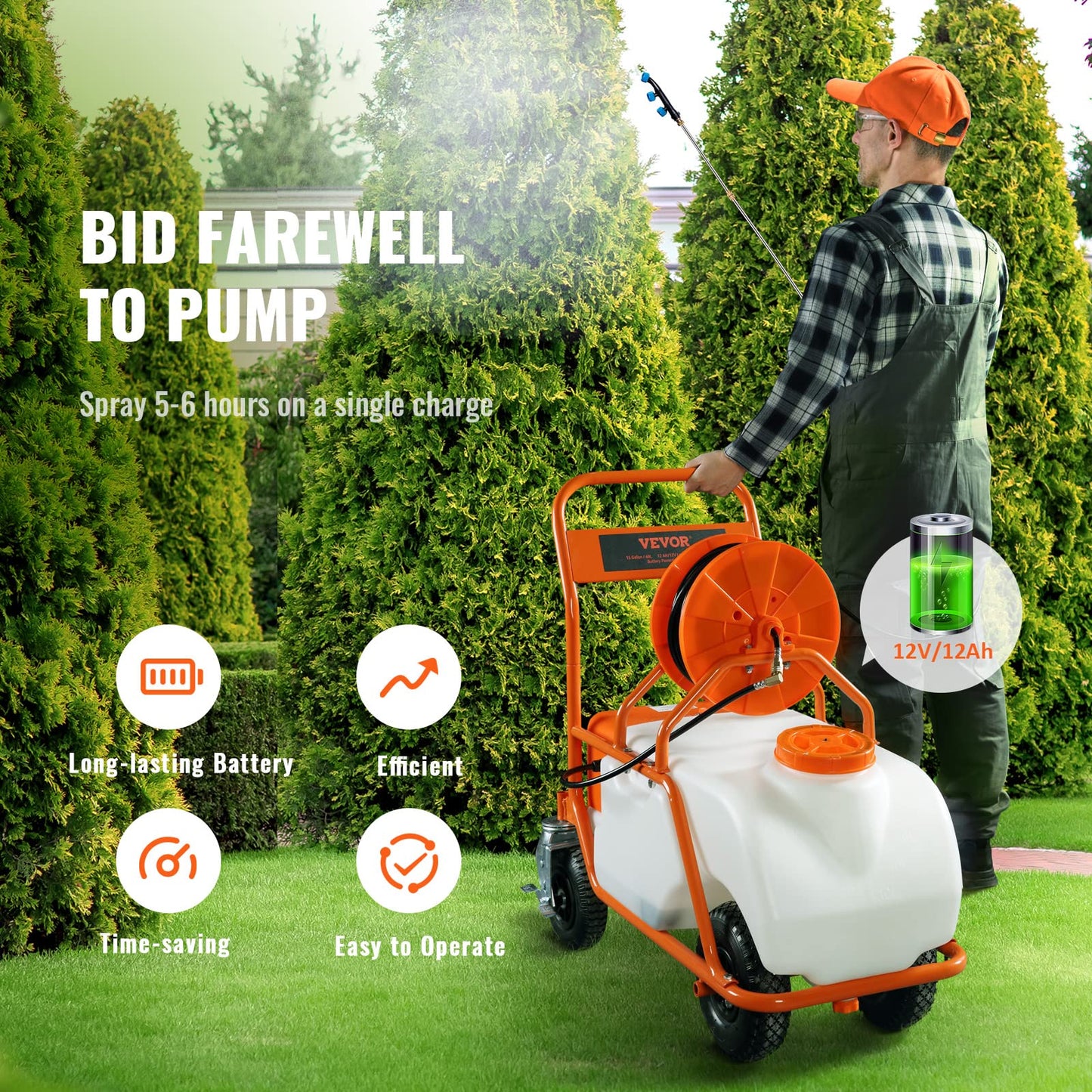 VEVOR Battery Powered 15 Gallon Garden Weed Sprayer with Wheeled Cart, 126FT Hose with Reel, 8 Nozzles, 2 Wands with Lock Trigger, 0-90PSI, 5-6h Spray Time, Wide Mouth Lid, Rotating Wheels with Brake
