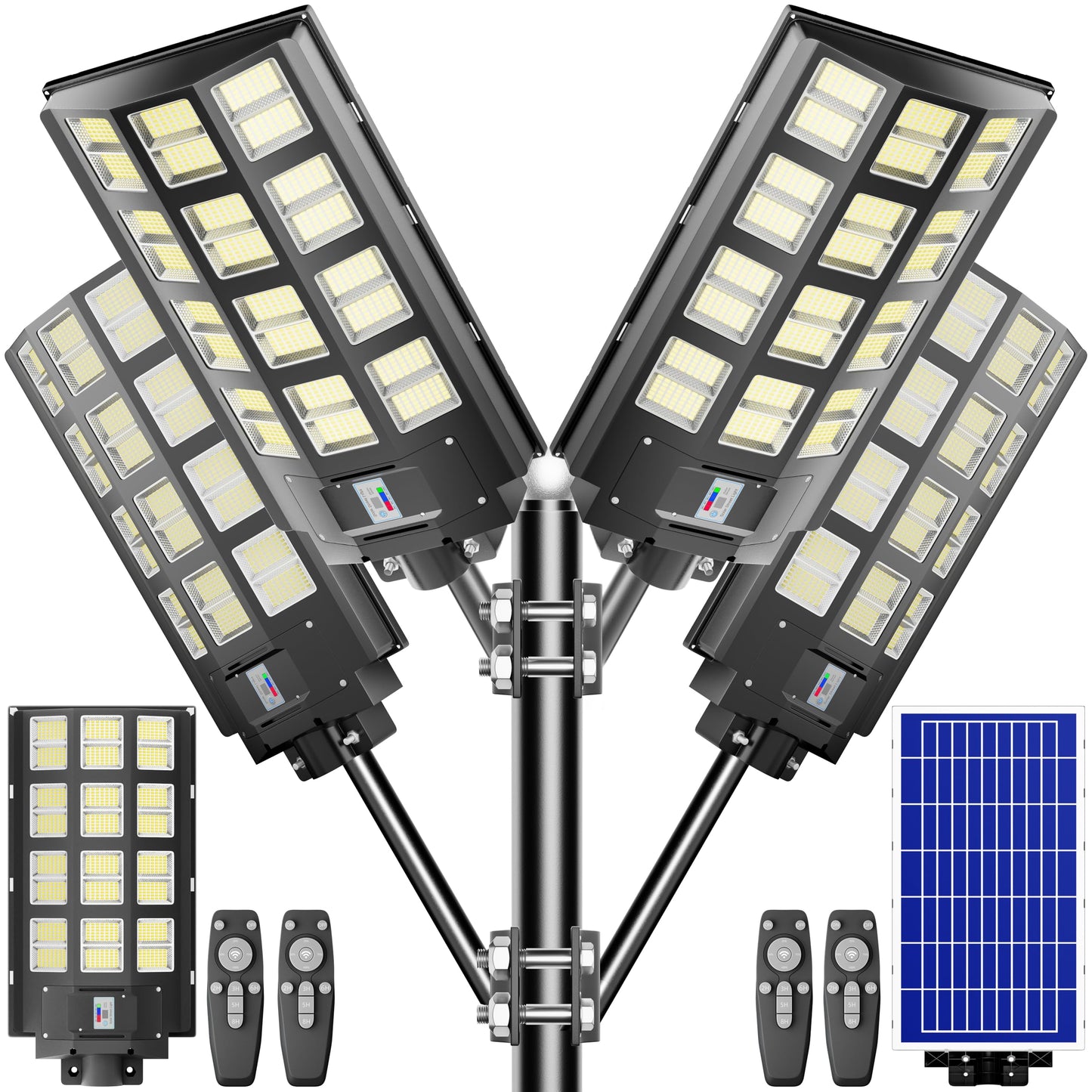 loyoele 8000W 4-Pack Solar Street Light,Solar Street Lights Outdoor Waterproof, 240000LM 7000K Solar Powered Street Light,Dusk to Dawn,with Motion Sensor,LED Wide Angle Lamp