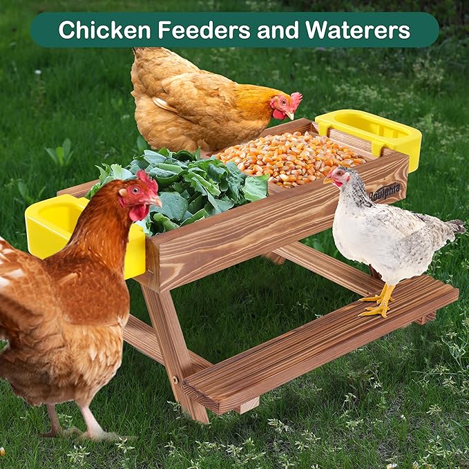 Chicken Feeders and Waterers, Chicken Feeder No Waste Kit with Picnic Table and 2 Water Feeder, Handmade Wooden Chicken Supplies & Accessories for Chicken Coop