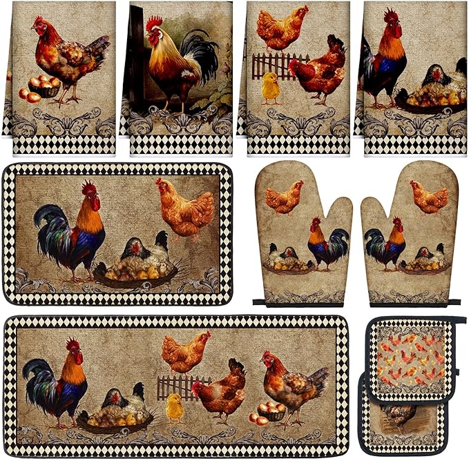 10 Pcs Rooster Chicken Kitchen Dish Towels Rugs Oven Mitts and Pot Holders Sets Farmhouse Rustic Rooster Kitchen Decor Set for Cooking Baking Grilling Women Mom Daughter Gift (Black, White)