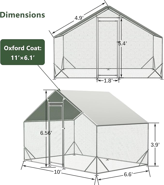 Large Chicken Coop,Metal Chicken Run for Yard with Door,Outdoor Galvanized Wire Poultry Chicken House with Waterproof and Anti-UV Cover,Duck Rabbit Cage (10' L x 6.6' W x 6.56' H)