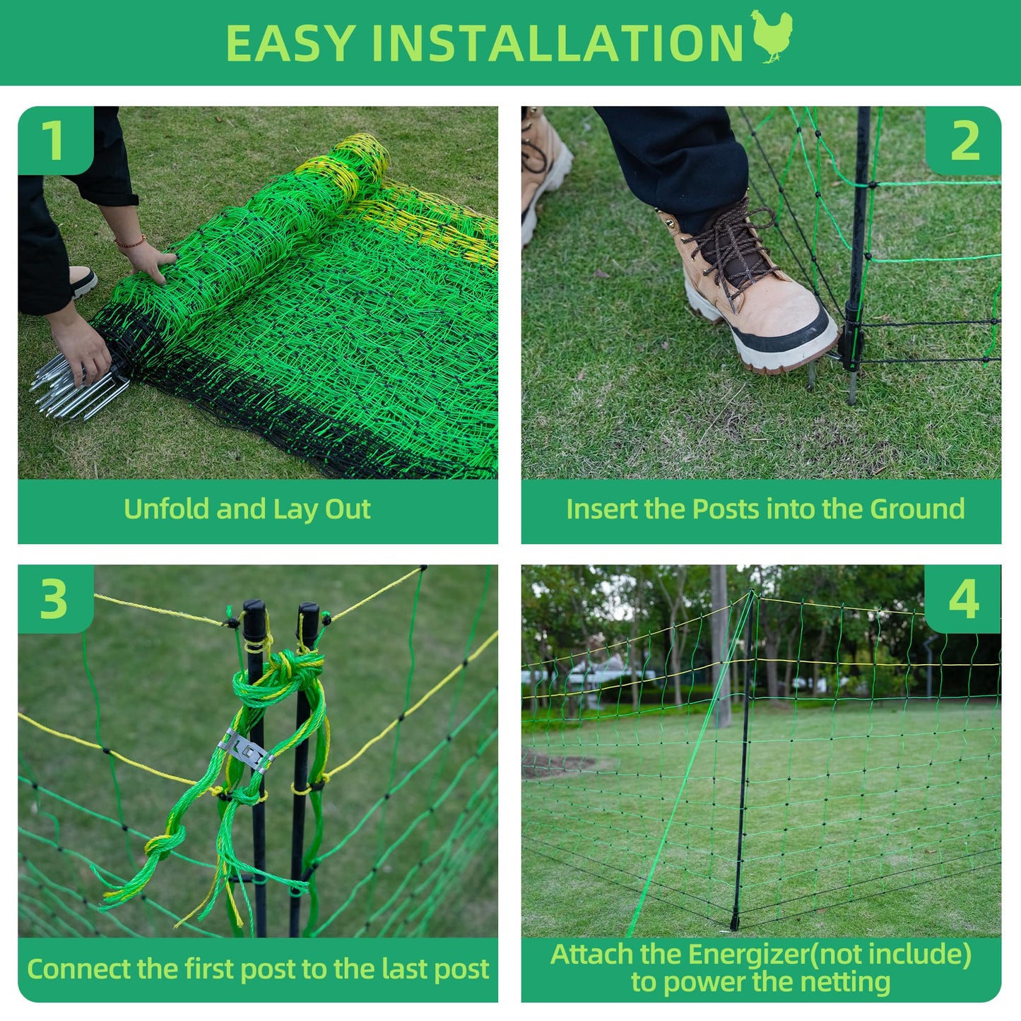 Poultry Netting Electric Fence, 41.5" H x 164' L, Portable Livestock Nets Mesh for Chickens, Ducks, Geese, Turkey, Electric Fencing for Backyards, Homesteaders, Farms, Ranches, Gardens