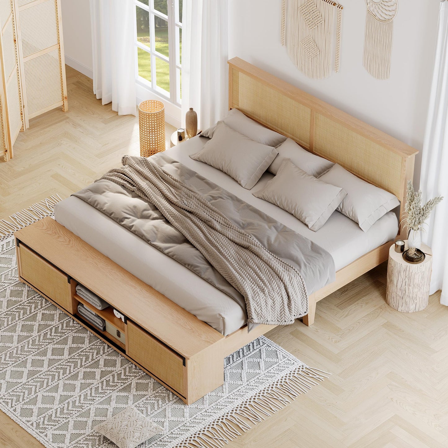 GarveeHome Natural Rattan King Size Bed Frame with Sliding Barn Door Storage Cabinets and Headboard, Boho Farmhouse Wood Platform Bed with Solid Wood Legs Support, No Box Spring Needed