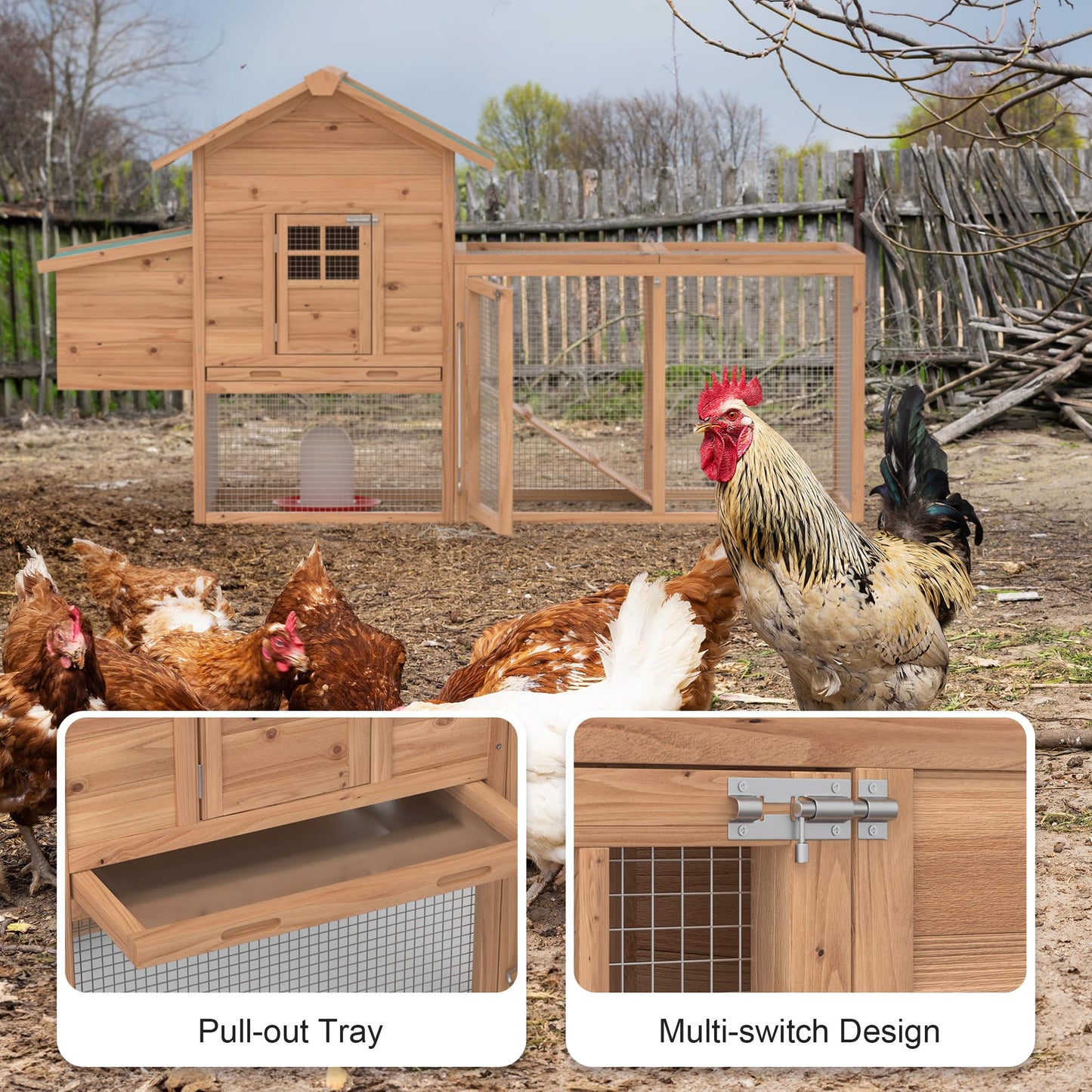 GOJOOASIS 80" Chicken Coop for 2-4 Chickens Outdoor Wooden Hen House Poultry Pet Hutch for Backyard w/Run Cage & Nesting Box(A)