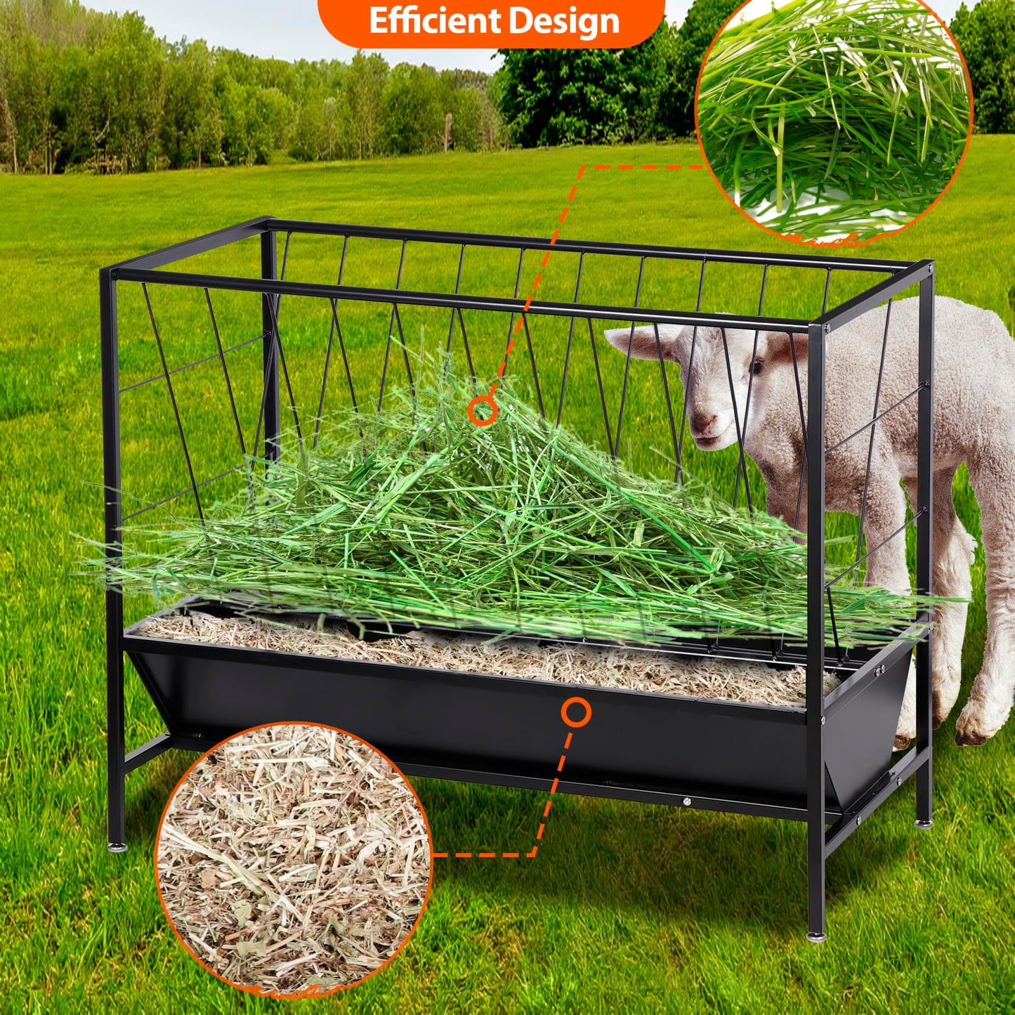 Oxphanor Pasture Hay Feeder 45 Gallon, Heavy-Duty Hay Grain Livestock Feeder with 24 Gallon Feed Pan, Livestock Feeding Trough Quick to Assemble, Feeding Goats, Calves, Cow, Horse for Farms
