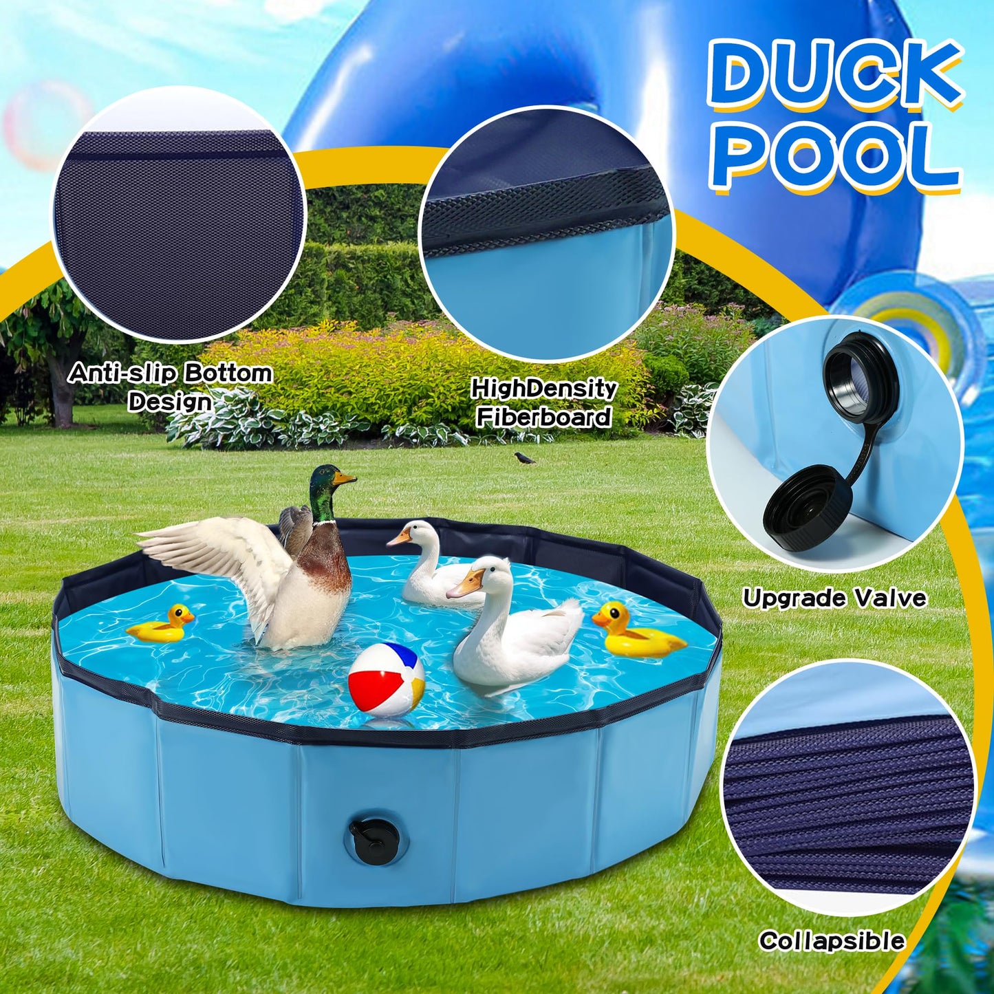 HOSASSPER Foldable Drainable Duck Pond Pool for Real Pet Ducks, Blue Hard Plastic Folding Small Swimming Pool with Drain Plug for Cat Dog for Indoor and Outdoor