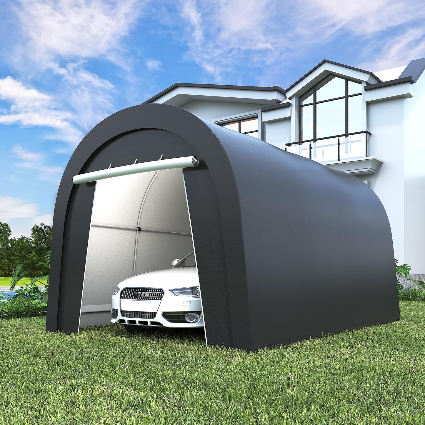 Wisteria Lane Domed Carport, Portable Garage with 2 Roll up Doors, Heavy Duty Car Canopy Party Tent, All-Season Storage Shelter Shed Carport for Motorcycle, Boat, Truck, or Garden Tools, 10' x 15'