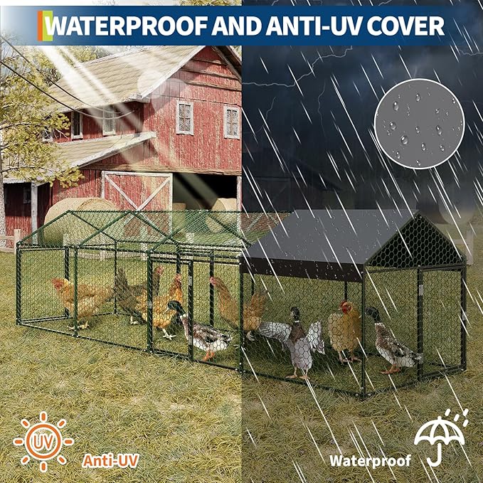 Large Metal Chicken Coop 13.3' x 3.3" x 3.3" Chicken Runs with Waterproof and Anti-UV Cover,3 Doors,Outdoor Hen House for Yard, Walk in Poultry Cage for Rabbit Duck Goose