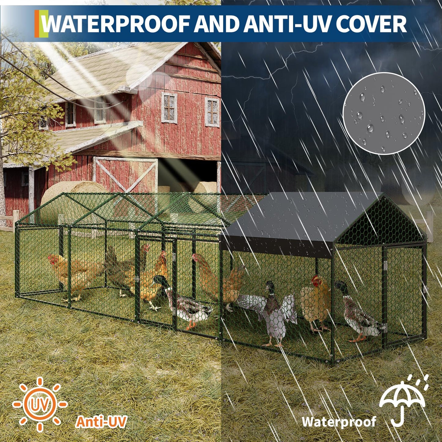 Metal Chicken Coop,160" x40x40 Heavy Duty Walk-in Chicken Runs with Waterproof and Anti-Uv Cover,Portable Poultry Cage Hen House Outdoor Backyard Farm Playpen Exercise Pen for Rabbit Duck