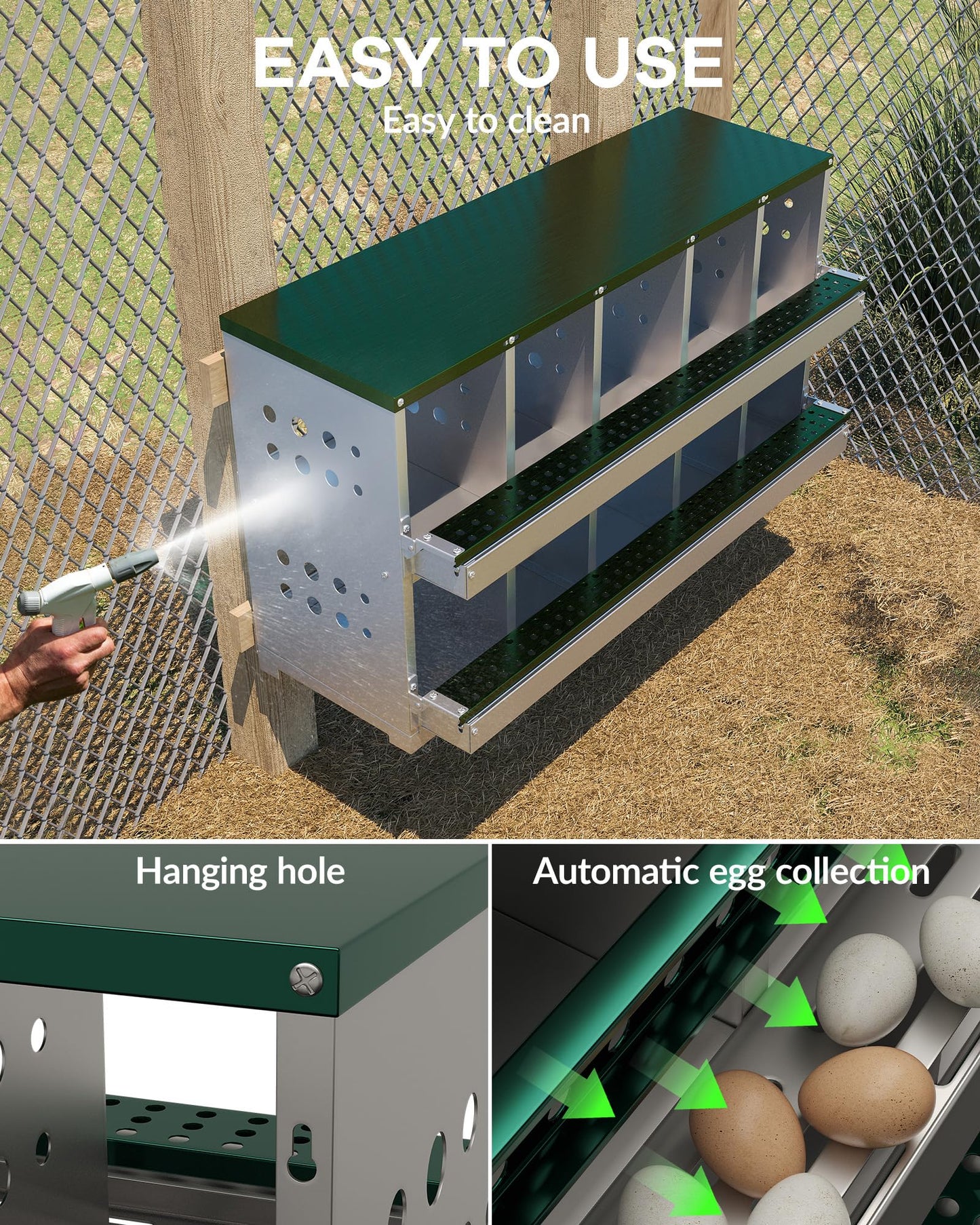 GarveeLife Wall-mountable Roll Away Metal Chicken Nesting Box for Laying Eggs, Rustproof Chicken Laying Boxes for Hens, Ventilated with Perch, Waterproof, 10 Compartments, Green