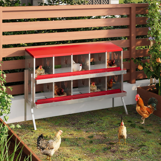 Chicken Nesting Boxes, 10-Hole Metal Nesting Box with Perch & Roll-Away Egg Design – Wall Mount or Freestanding Laying Box for Hens, Ducks, Quail (Heavy-Duty Galvanized Steel),Red. 1