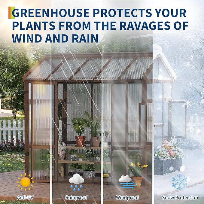 6x8 FT Wooden Greenhouse for Outdoor - Heavy Duty Walk-in Green House Kit with 6mm Polycarbonate,Ventilated Window & Lockable Door for Backyard,Patio,Lawn