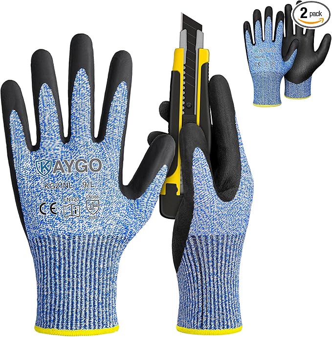 KAYGO Cut Resistant Gloves - Nitrile Micro-Foam Coated, Puncture Proof Safety Gloves for Work, Gardening, and Construction with Enhanced Grip | ANSI Cut Level A3 | KG21NB (Size L, 2 Pairs, Blue)