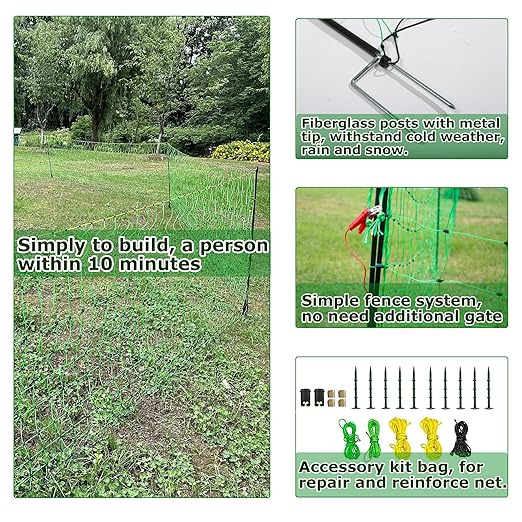 Electric Fence Netting, 49.6" H x 164' L, Portable Livestock Nets Mesh for Hog, Dogs, Deer, Goats, Larger Animals Electric Fencing for Backyards, Homesteaders, Farms, Ranches, Gardens